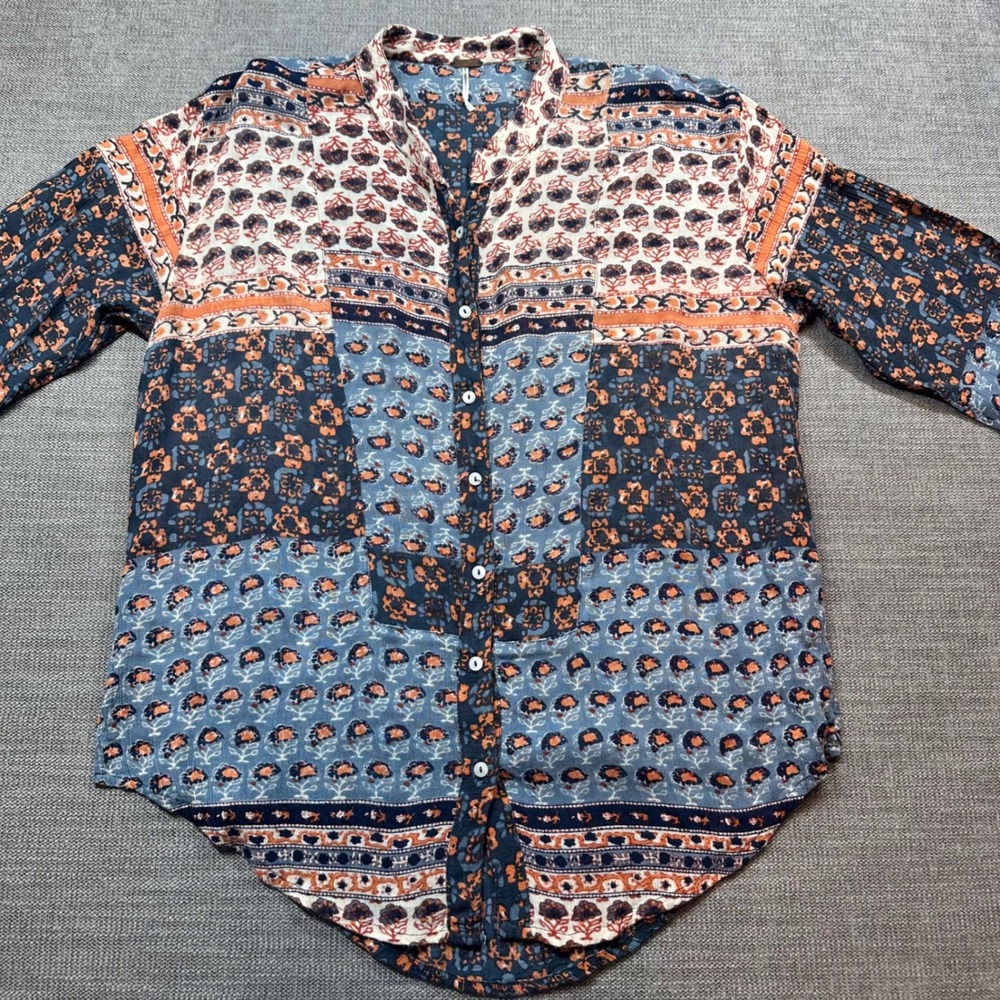 Free People Button Down Shirt Womens Large Blue Orange  Boho Patchwork